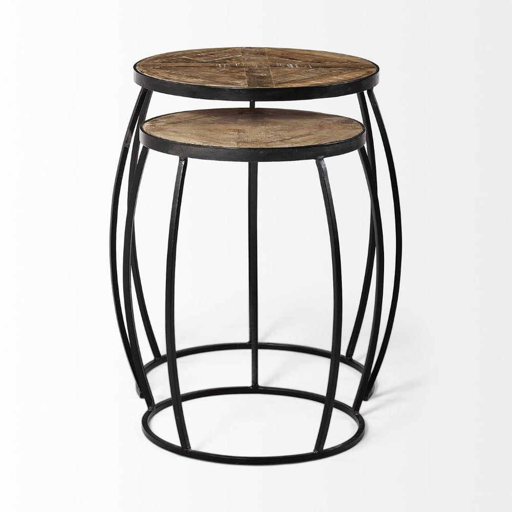 Mercana Clapp Nesting Accent Tables Set of 2 - Modern Round Design with Mango Wood Top and Metal Frame Brown Wood | Black Metal | X Pattern 50472