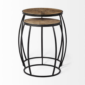 Mercana Clapp Nesting Accent Tables Set of 2 - Modern Round Design with Mango Wood Top and Metal Frame Brown Wood | Black Metal | X Pattern 50472