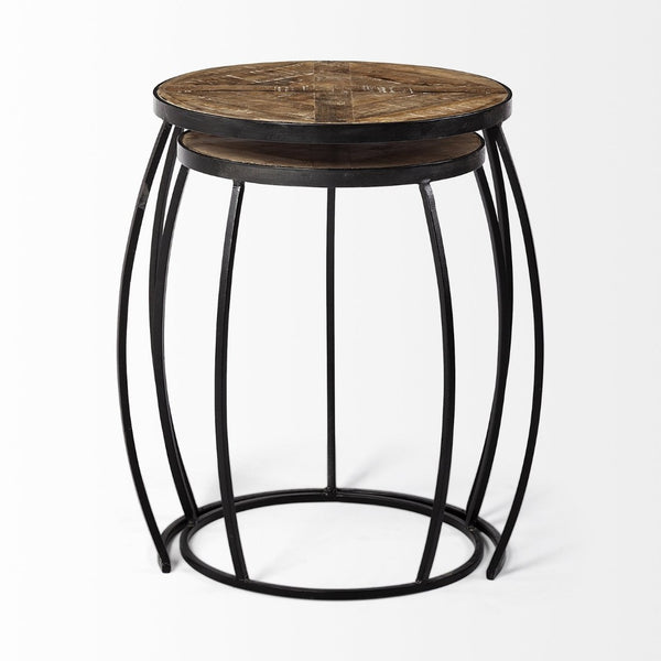 Mercana Clapp Nesting Accent Tables Set of 2 - Modern Round Design with Mango Wood Top and Metal Frame Brown Wood | Black Metal | X Pattern 50472