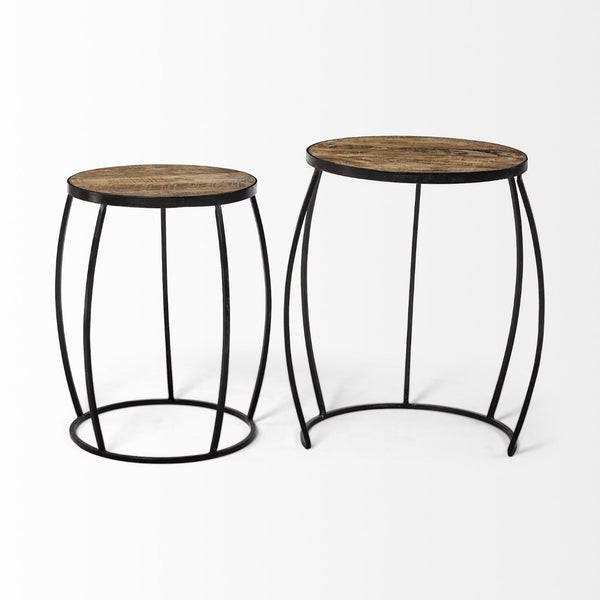 Mercana Clapp Nesting Accent Tables Set of 2 - Modern Round Design with Mango Wood Top and Metal Frame Brown Wood | Black Metal | X Pattern 50472