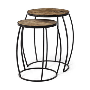 Mercana Clapp Nesting Accent Tables Set of 2 - Modern Round Design with Mango Wood Top and Metal Frame Brown Wood | Black Metal | Line Pattern 50473