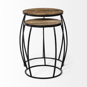 Mercana Clapp Nesting Accent Tables Set of 2 - Modern Round Design with Mango Wood Top and Metal Frame Brown Wood | Black Metal | Line Pattern 50473