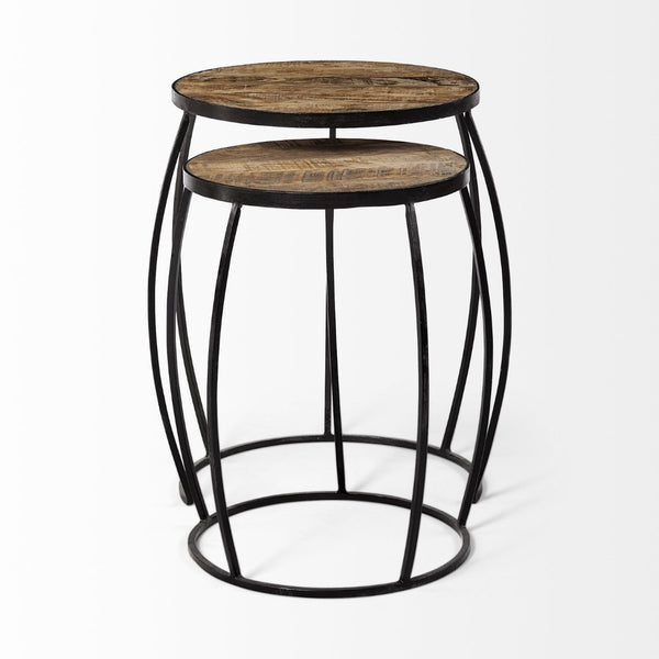 Mercana Clapp Nesting Accent Tables Set of 2 - Modern Round Design with Mango Wood Top and Metal Frame Brown Wood | Black Metal | Line Pattern 50473