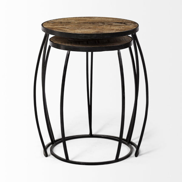 Mercana Clapp Nesting Accent Tables Set of 2 - Modern Round Design with Mango Wood Top and Metal Frame Brown Wood | Black Metal | Line Pattern 50473