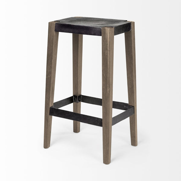 Mercana Nell 26" Industrial-Style Counter Stool with Solid Mango Wood Legs and Ergonomic Foot Rest Design Black Metal | Light Brown Wood | Bar 50508