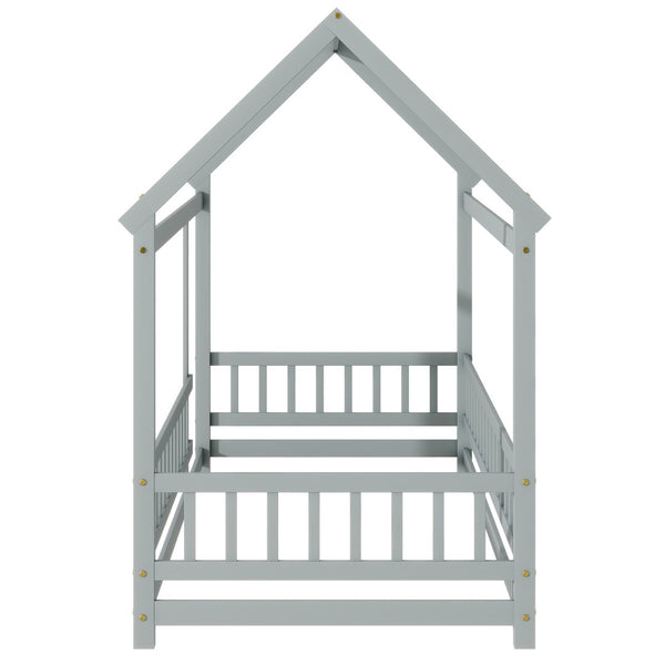 English Elm Twin Floor Wooden House Bed With Roof Frame & Guardrails - Cozy Grey Design For Kids' Rooms W504P286402-GIGA