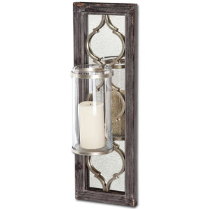 Mercana Umminal 8.0L x 5.0W x 24.5H Antiqued Silver Wood Frame W/Glass and Metal Wall Candle Holder 53203