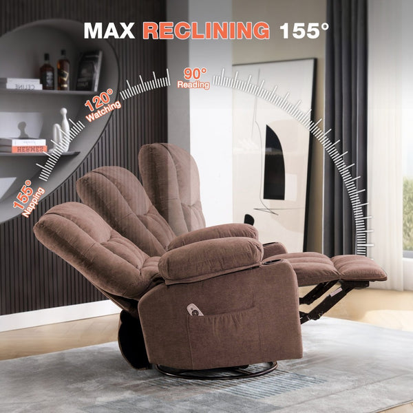 English Elm Massage Swivel Rocker Recliner with Heat Lumbar Relief and Usb Port for Living Room Brown W1521P478288