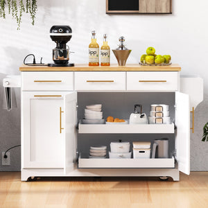 English Elm K&k Rolling Kitchen Island Rubber Wood Top Brass Hardware Built-in Outlets Storage White N707S299014W