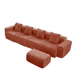 English Elm Streamlined Modular L-shaped Sectional Velvet Sofa with Ottoman and Tailored Piping Detail Red W3041S00362