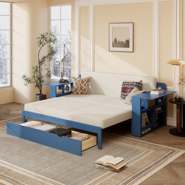 English Elm Queen Daybed with Hydraulic Desk Storage Drawers and Convertible Sofa for Small Spaces Blue LT000272AAC