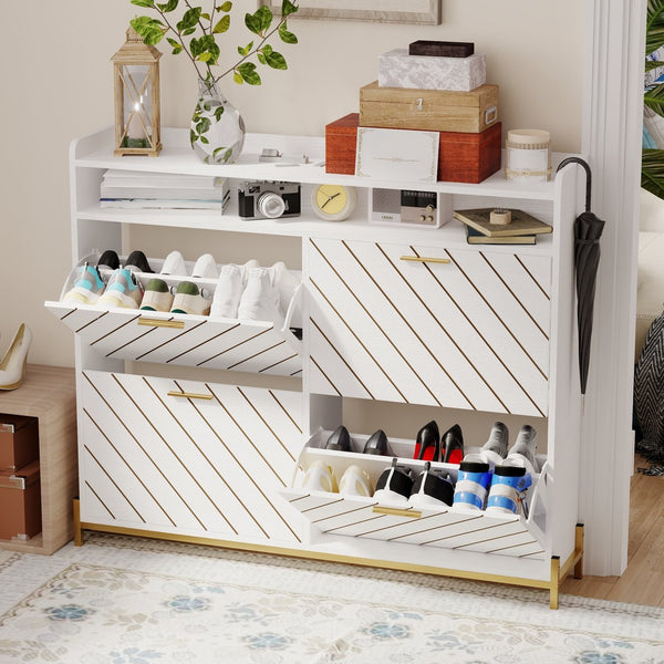 English Elm shoe cabinet Rustic Herringbone Flip-Drawer Organizer for Narrow Spaces, Dust-Proof Entryway Storage White W2227P207769