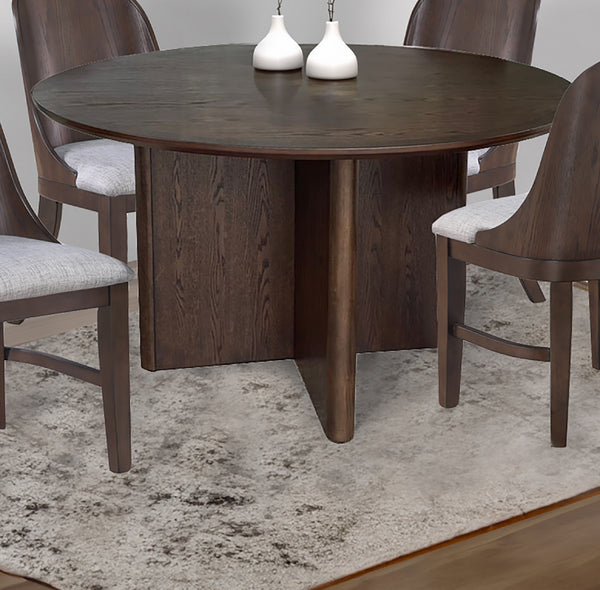 English Elm 1pc Mid-Century Modern 54" Round Dining Table Walnut Finish with Bold Pedestal Base & Woodgrain Flair B011P294667