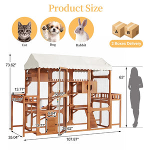 English Elm Large Pine Wood Catio Outdoor Cat Enclosure with Wire Mesh and Dual Plant Stands Brown N704G201617P