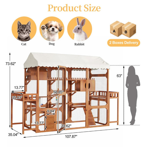 English Elm Large Pine Wood Catio Outdoor Cat Enclosure with Wire Mesh and Dual Plant Stands Brown N704G201617P