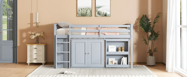 English Elm Twin Loft Bed Rubberwood Frame Pull Out Desk Storage Cabinet and Shelf Kids Room Grey W504S00287