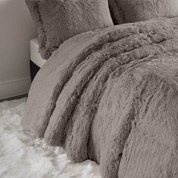 JLA Home Intelligent Design - Shaggy Faux Fur Duvet Cover Set — Luxuriously Soft Textured Face with Plush Reverse & Secure Zipper Closure Grey ID12-1928