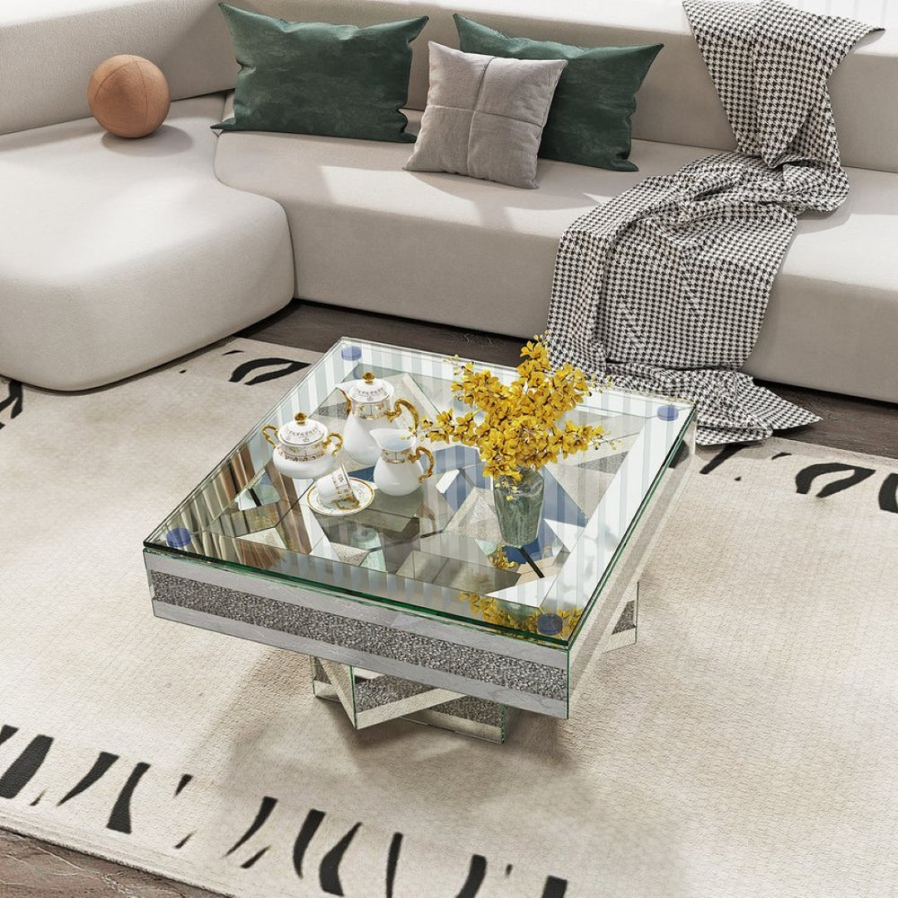English Elm Modern Glam Square Coffee Table with Mirrored Tiers and Faux Crystal Diamond Inlay W3836P370271