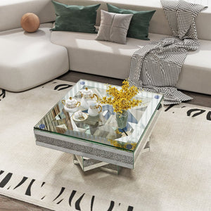 English Elm Modern Glam Square Coffee Table with Mirrored Tiers and Faux Crystal Diamond Inlay W3836P370271