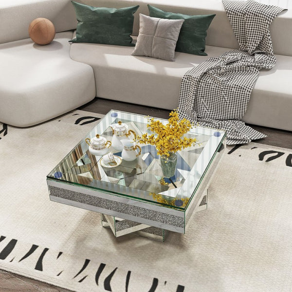 English Elm Modern Glam Square Coffee Table with Mirrored Tiers and Faux Crystal Diamond Inlay W3836P370271