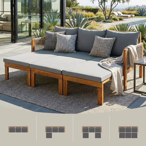 English Elm Outdoor Acacia Wood Dining Set Seats Six with Cushioned Armrest Chairs for Patio Grey,Natural Wood N719Z000220E