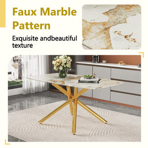 English Elm Table and Chair Set Marble Glass Top Six Seats Gold Legs Modern Dining Room W1151S04543