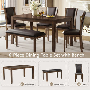 English Elm 6-Piece Farmhouse Dining Table Set With Bench & Chairs, Rustic Dark Walnut Finish For 6 People W1998S00065
