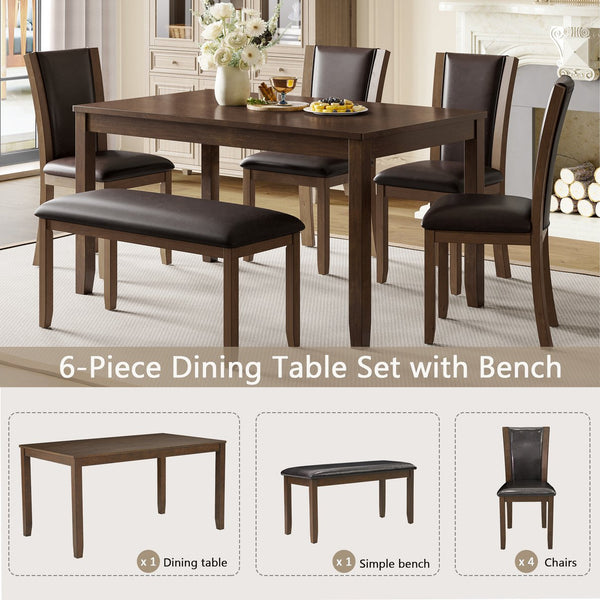 English Elm 6-Piece Farmhouse Dining Table Set With Bench & Chairs, Rustic Dark Walnut Finish For 6 People W1998S00065