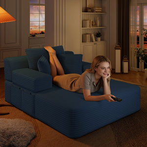 English Elm Luxurious Corduroy Convertible Chaise Lounge Sofa Bed with Storage and Coil Spring Foam Blue W3219P483087
