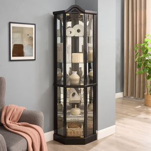 English Elm Lighted Corner Curio Cabinet With Adjustable Shelves, Elegant Black Design, Perfect For Home Display W1758P300126