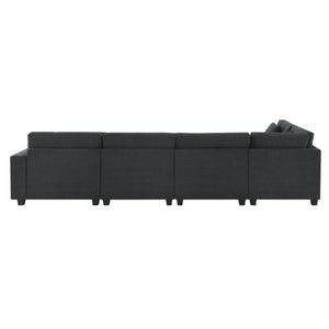 English Elm 128*67" U Shaped Sectional Sofa with Movable Ottoman, Hidden Armrest Storage, Cup Holders & USB Ports Black N723S0192B