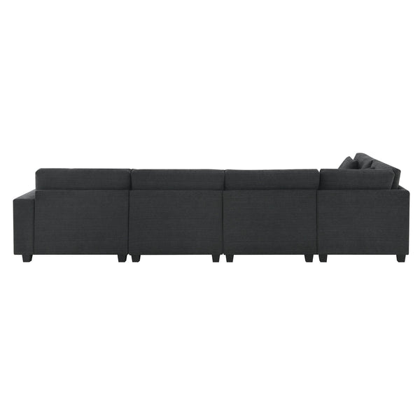 English Elm 128*67" U Shaped Sectional Sofa with Movable Ottoman, Hidden Armrest Storage, Cup Holders & USB Ports Black N723S0192B
