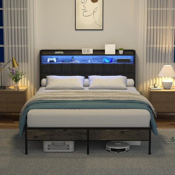 English Elm Full Bed Frame with Rgb Led Lighting Built-in Charging Shelved Headboard B2716P332041