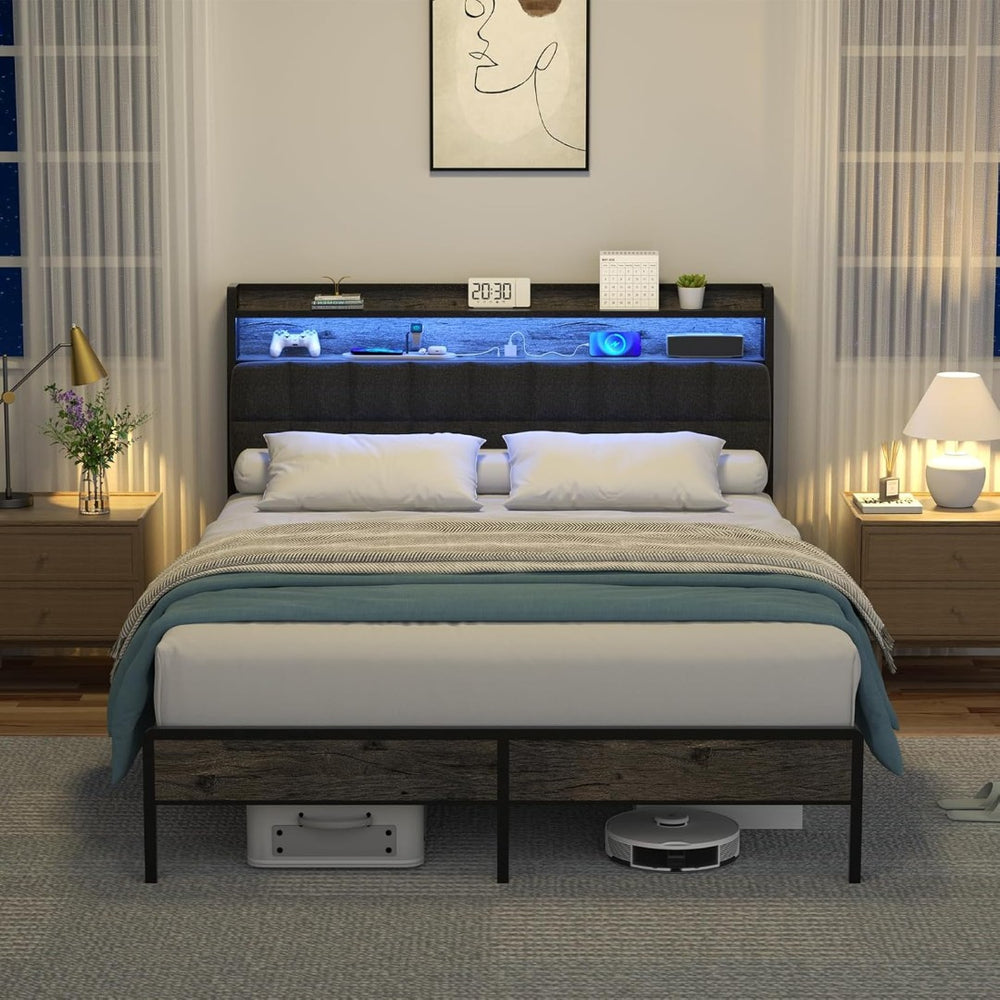 English Elm Queen Platform Bed Ergonomic Headboard Rgb Lighting Built-in Charging Storage B2716P332042