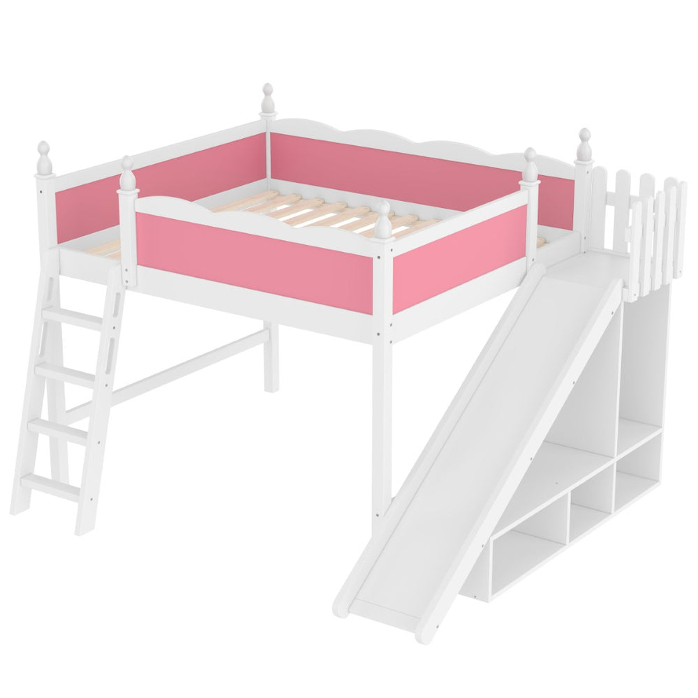 English Elm Queen Loft Bed With Fun Slide, Storage Shelves, Solid Wood Construction, Pink & White Finish, Easy Assemble W1580S00248-GIGA