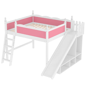 English Elm Queen Loft Bed With Fun Slide, Storage Shelves, Solid Wood Construction, Pink & White Finish, Easy Assemble W1580S00248-GIGA