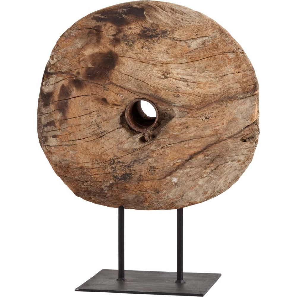 Mercana Incana Natural Brown Antique Tractor Wheel Sculpture with Black Metal Stand for Unique Decor 57541
