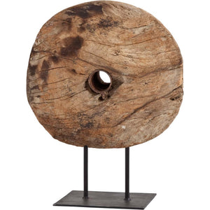 Mercana Incana Natural Brown Antique Tractor Wheel Sculpture with Black Metal Stand for Unique Decor 57541