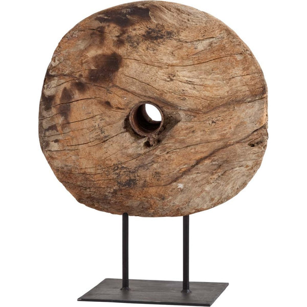 Mercana Incana Natural Brown Antique Tractor Wheel Sculpture with Black Metal Stand for Unique Decor 57541