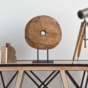 Mercana Incana Natural Brown Antique Tractor Wheel Sculpture with Black Metal Stand for Unique Decor 57541