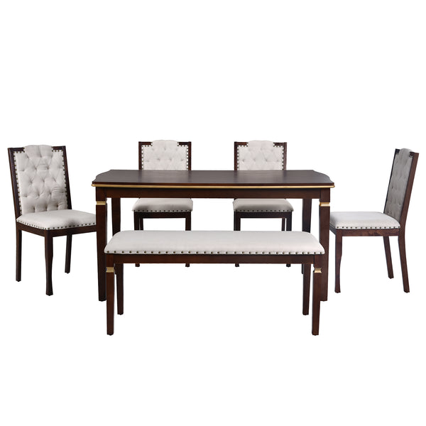 English Elm 6-Piece Kitchen Dining Set with 60" Rectangular Table, Tufted High-Back Chairs & Bench, Durable Wood Espresso N752S001080P