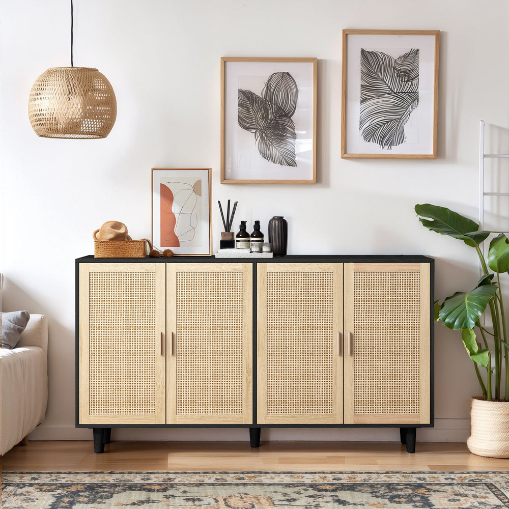 English Elm 62.20"Elegant 4-Door Rattan Storage Cabinet with Solid Wood Legs, Spacious Shelves & Easy Assembly Black W757P190068