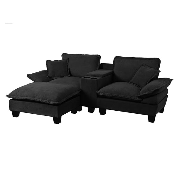 English Elm Modular Cloud Sofa Chenille L-shape with Storage Cup Holders and Usb for Living Room Black W3163S00109