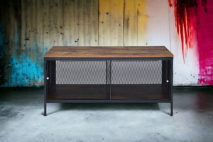 English Elm Winam Antique Oak Coffee Table with Black Metal Mesh Base, Foldable Top & 4 Sliding Doors Storage B2726P270994