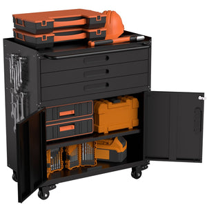 English Elm 34.3" Rolling Steel Workshop Cabinet with 3 Drawers Lockable Doors and Pegboard Sides W2735P428815