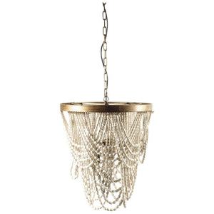 Mercana Pendra Chandelier: Elegant Three-Bulb Design with Wooden Beads for Stylish Lighting in Any Room Gold Metal | Whitewashed Wood 65455