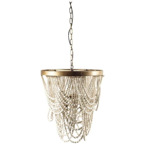 Mercana Pendra Chandelier: Elegant Three-Bulb Design with Wooden Beads for Stylish Lighting in Any Room Gold Metal | Whitewashed Wood 65455