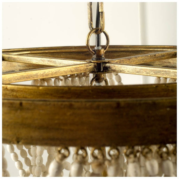 Mercana Pendra Chandelier: Elegant Three-Bulb Design with Wooden Beads for Stylish Lighting in Any Room Gold Metal | Whitewashed Wood 65455