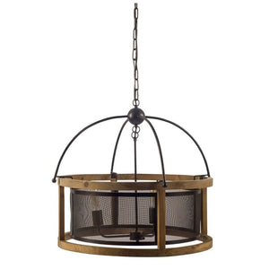 Mercana Penhill Three-Bulb Chandelier: Modern Farmhouse Design with Warm Wood and Meshed Metal Shade for Elegance 65456