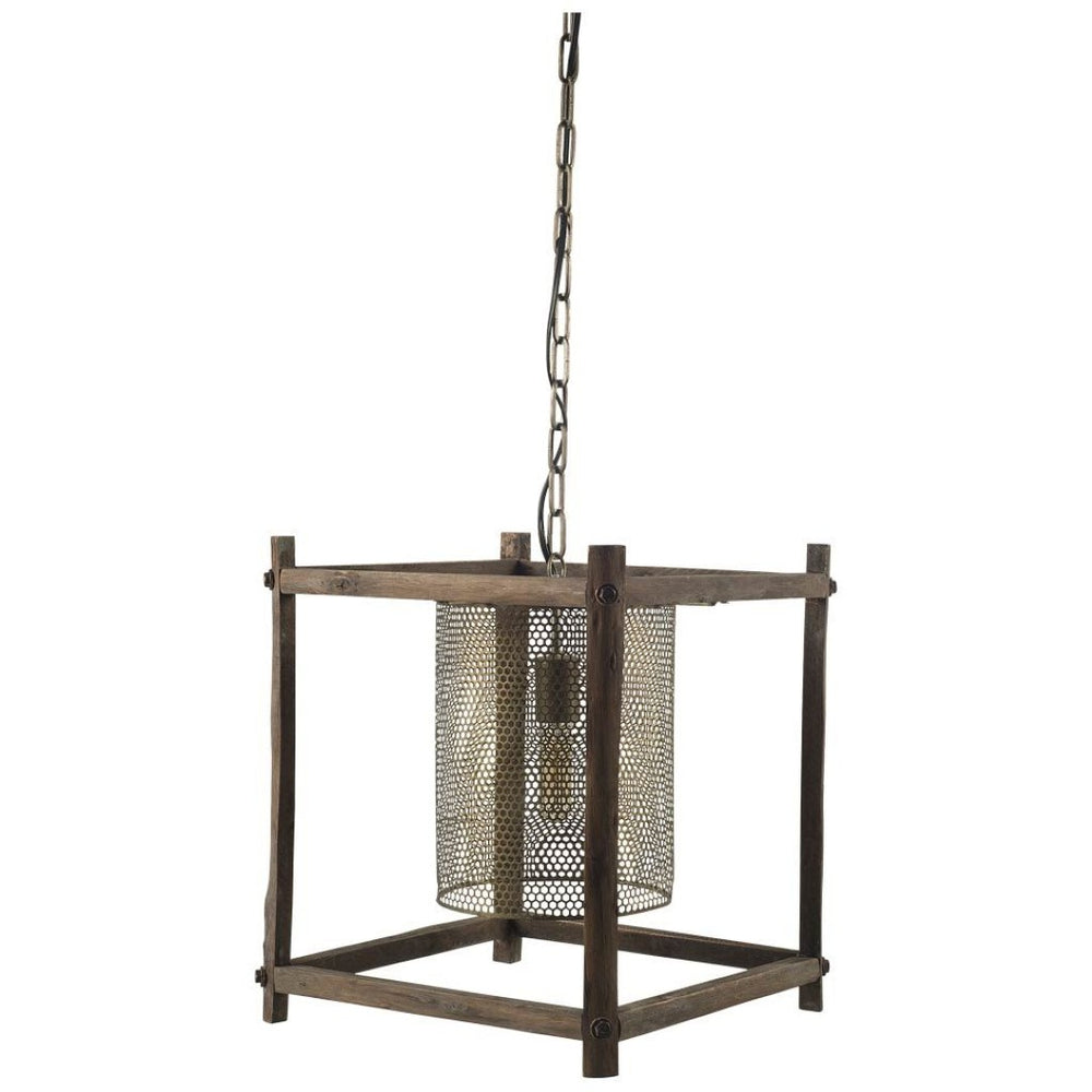 Mercana Keppler Industrial-Style Pendant Light with Perforated Metal Shade and Wooden Cage for Unique Illumination 65460